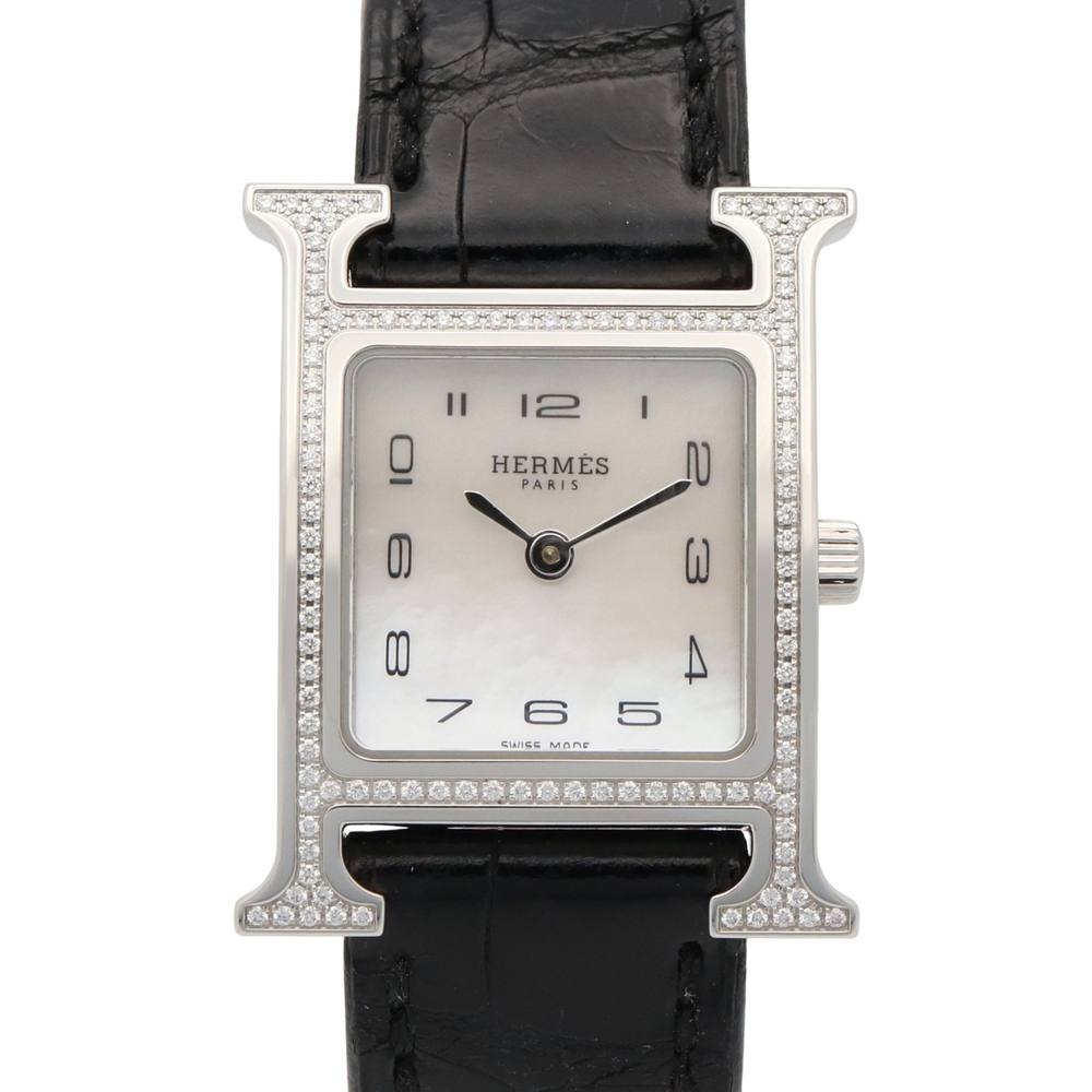 Hermes H-Watch Diamond Bezel Wristwatch Stainless Steel Leather Ladies White ...